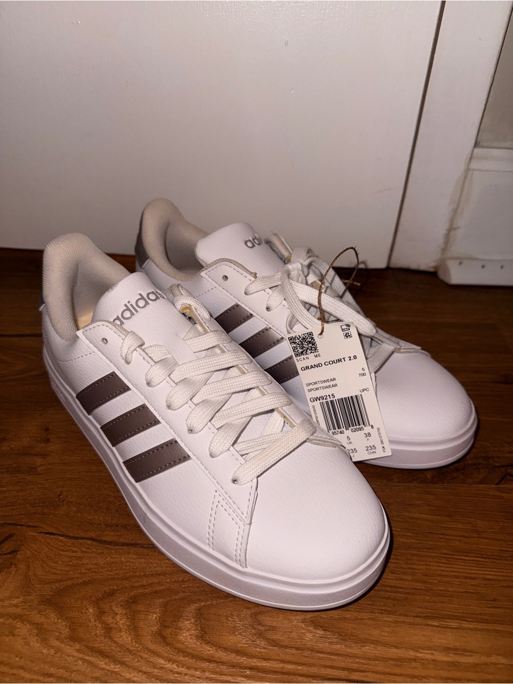 adidas Women’s Grand Court 2.0 Sneakers in White with Brown Stripes